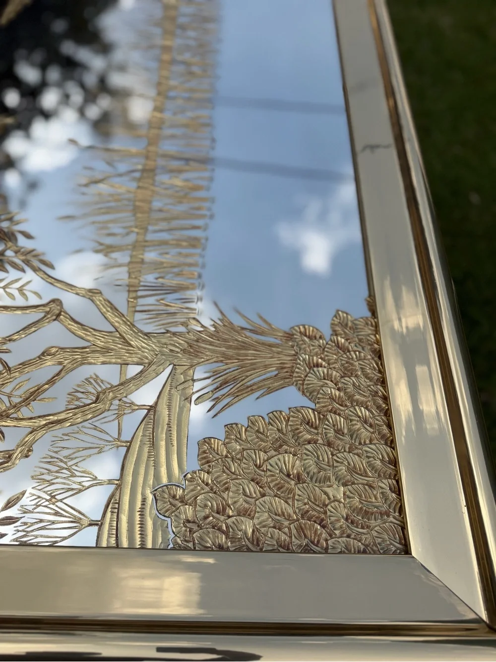Vintage Hollywood Regency Asian 53x30 Chinoiserie Landscape Gold Etched Mirror